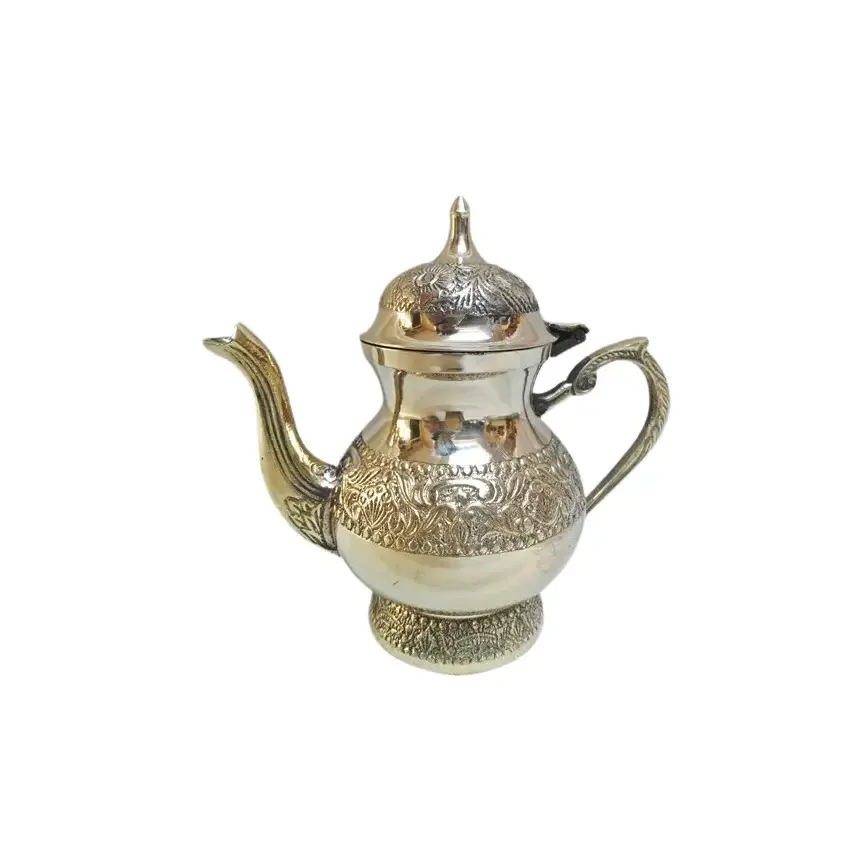 กาน้ำชาและกาแฟทำจากทองเหลืองสำหรับตกแต่งบนโต๊ะกาน้ำชาโลหะจากผู้ผลิตอินเดีย