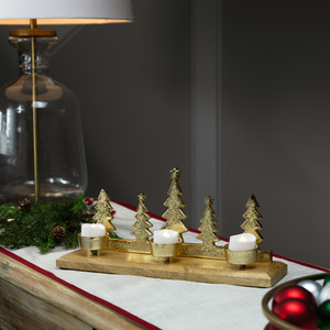 Decorative Christmas Tree Design Aluminum <b>Tealight</b> <b>Holder</b> With Wood Base For Christmas Decor & Gifting - Product Image 2