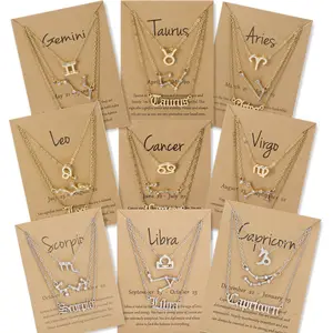 Gran oferta, moda, 3 uds., símbolo de cielo estrellado, letra inglesa, plata, oro, 12 collares de joyería del zodiaco, conjunto para mujer con papel