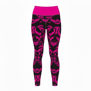 Leggings Estampados de Cintura Alta para Mujer, Pantalones de Yoga Florales Negros y Rosa Intenso, Ropa Deportiva Elástica - Product Image 1