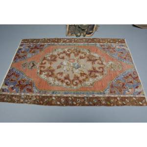 Alfombra de lana turca Vintage 2022 naranja azul patrón de retazos de gran tamaño 3,8 'X 8,9' látex de tejido plano para decoraciones de sala de estar" - Product Image 3