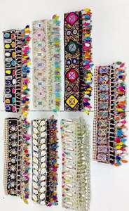 Custom made heavy embroidery material laces with latkans of multi coloured stones for festive <b>dresses</b> and for reselling purposes - Product Image 3
