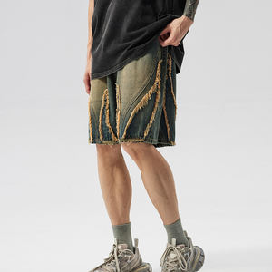 กางเกงยีนส์วินเทจแบบเย็บปะติดมีซิปสำหรับผู้ชายกางเกงขาสั้นผ้าฝ้ายผ้ายีนส์วินเทจแบบออกแบบได้ตามต้องการ - Product Image 2