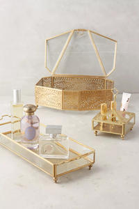 กล่องเครื่องประดับแก้วกรอบโลหะสีทองของดีไซเนอร์วินเทจที่ไม่ซ้ำกันของเมคอัพอัญมณีสำหรับผู้หญิงที่เก็บสร้อยคอ - Product Image 3