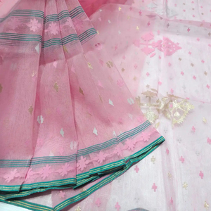 Exclusif Deshi Dhakai Jamdani Orange Sharee Qualité d'exportation pour les femmes JAMDANI FABRIC Bleu ROUGE VERT Doré du Bangladesh - Product Image 1