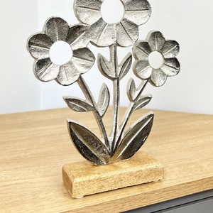 Metal Flower on <b>Wood</b> Ornament Silver Metal Flower on <b>Wood</b> Base Decorative Flower Ornament Home Decor modern polished <b>sculpture</b> - Product Image 4