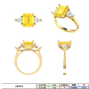 แหวนทองคำ14K แข็งโรเดียมชุบ IGI 4 CT สีเหลืองมรกตตัดสำหรับห้องปฏิบัติการปลูกเพชร CVD 1.1 CT สามเหลี่ยมสีขาวตัดด้านข้าง - Product Image 5