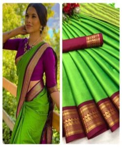 Sari de Seda Kanchipuram de Moda con Trabajo de Diamantes y Diseño Estampado, Sari de Seda Moderno con Detalles de Volantes y Borde de Zari - Product Image 2