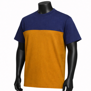 Camiseta de Hombre con Bloques de Color, Manga Corta, Cuello Redondo, Tejido de Punto, Corte Regular, Estilo Casual, Naranja Sólido y Azul Marino - Product Image 2