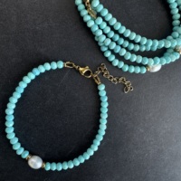 Bracelet en pierre naturelle véritable fait main, perles de turquoise facettées, perle baroque, or 18 carats, bijoux ajustables pour un usage quotidien