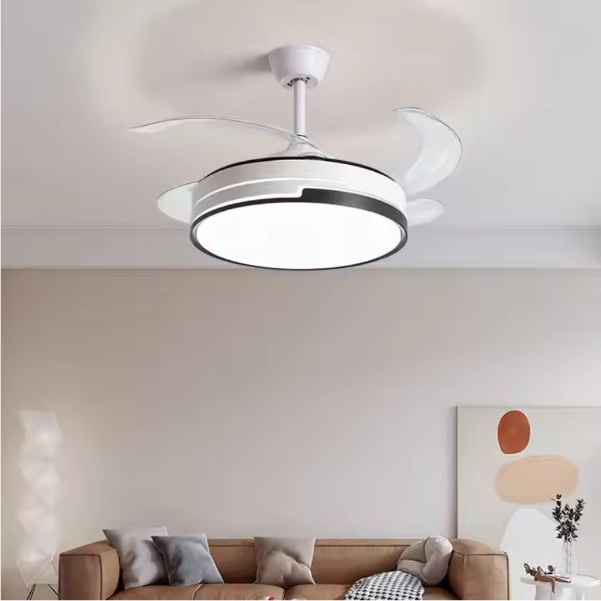 Modern 42-Inch DC Motor LED Light Ceiling Fan ABS Lamp Body White Black Retractable Invisible Design Living Room Remote Dimmable