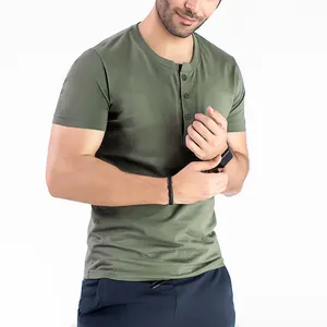 T-shirt à manches courtes en coton pour homme, vêtement de gym, slim, à 3 boutons