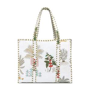 Sac fourre-tout en coton matelassé fait à la main à motifs floraux blancs Design floral vintage Fermeture à glissière écologique Personnalisable Mode Léger Dame - Product Image 1
