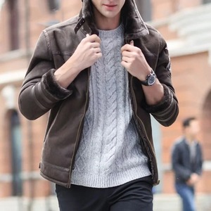 Manteau d'hiver européen grande taille pour homme Veste en cuir suédé épaisse et chaude en fausse laine d'agneau Tissu en toile Style peau de mouton - Product Image 6