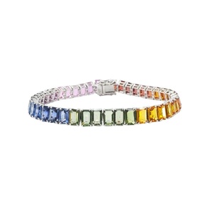 Luxury 18k <b>Solid</b> White <b>Gold</b> 6 x 4 Octagon Cut Rainbow Sapphire Tennis Bracelet multi color for Self-Reward Luxury Gift Women - Product Image 1