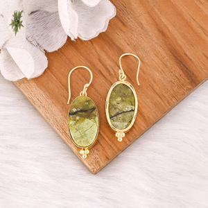 Pendientes Clásicos de Ópalo Verde en Forma Ovalada, Chapados en Oro, de Latón, Estilo Moderno, Aleación, para Bodas, Fiestas, Regalo Elegante para Mujer - Product Image 4