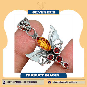 Pendentif aile d'ange en argent sterling 925 fait à la main avec incrustation d'ambre et de grenat belle lunette bijoux en argent - Product Image 4