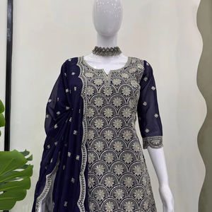 Hermosa Top Party Wear-Plazzo Y Dupatta Con Hilo Con Trabajo De Secuencia - Product Image 1