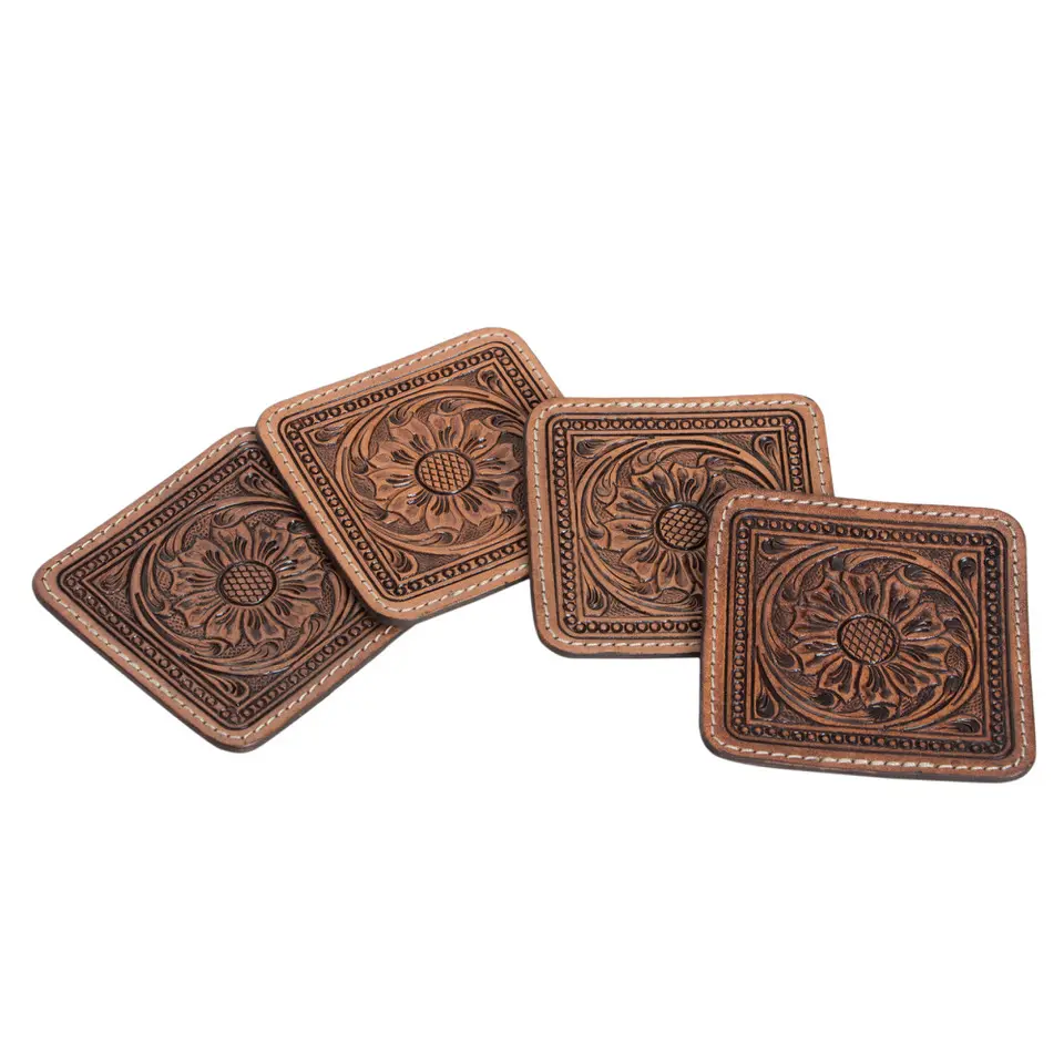 Classic Design Hand made Flower Embossed 100% Real Leather Around Various Cups Coasters Set of 6 Soft Leather Drink Coaster Roun