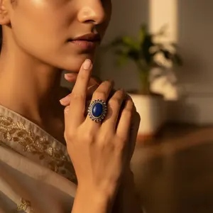 Bague en argent 925 avec pierre précieuse bleue pour femmes, taille ajustable, bijoux ethniques de déclaration, mariage, laiton plaqué avec incrustation en forme de chiffre - Product Image 1