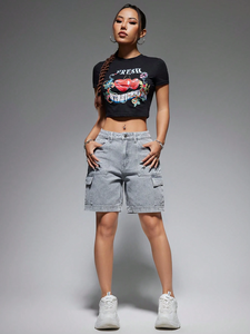 baggy jorts <b>men</b> washed grey denim <b>cargo</b> shorts high waisted baggy fit functional flap side pockets <b>cuffed</b> hem summer jorts - Product Image 6