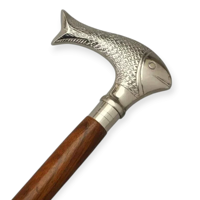 Bâton de marche à 3 sections de style vintage, léger et moderne, en laiton et bois, avec poignée en forme de tête de poisson argenté, pointe en fer pour la randonnée