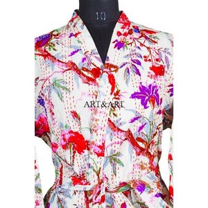 Kimono Robe Vintage Kantha de Qualité Supérieure, Longueur Intégrale, Col en V, Manches 3/4, Imprimé Floral, 100% Coton Doux, Festival Culturel Japonais - Product Image 4