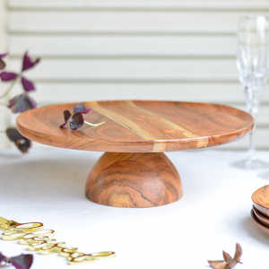 High Quality Mango Wood Latest Design 1 <b>Tier</b> Round Cake Stand with Natural Color Modern Style Cake Serving <b>Tray</b> for Party - Product Image 2