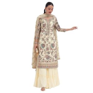 Ivoire brodé Kurta Sharara ensemble élégant mariage indien et tenue de fête femmes ethnique costume de fête tenue - Product Image 2