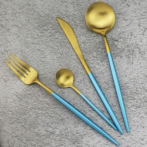 Ensemble de couverts à tête ronde en résine bleue avec poignée en or couverts élégants pour la maison repas mariage fête Restaurant Table Essentials - Product Image 5