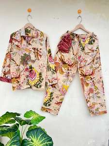 Traje de noche de algodón 100% hecho a mano indio, ropa de dormir informal elegante con estampado Floral para paseos matutinos de primavera, Popelina de verano y otoño - Product Image 4