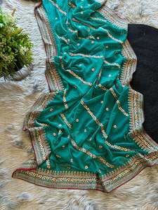 Hermoso Sari Georgette tradicional con hilo de viscosa Trabajo hecho a mano Diseñador de bordes Ropa de fiesta Sari Hecho de Bodas de seda - Product Image 3