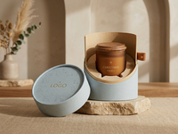 Boîte cadeau de luxe personnalisée en deux parties pour bougies rondes, en papier d'art avec revêtement UV, logo gaufré, tirette en cuir, emballage de décoration de Noël pour la maison