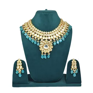 Royal kundan ชุดสร้อยคอเจ้าสาวสีฟ้าอ่อนประดับเพทายชุบทองเครื่องประดับที่ดีสำหรับงานแต่งงานเป็นของขวัญ - Product Image 3