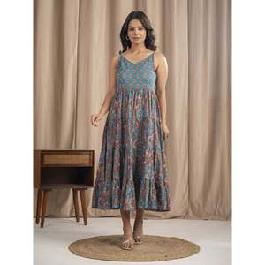 เดรสผ้าฝ้ายมัลมัลสีฟ้าทะเลสไตล์โบโฮ พิมพ์ลายด้วยมือ สายผูกไหล่ ทรงเอวธรรมชาติ ระบายอากาศได้ดี - Product Image 4