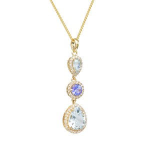 14k Yellow Gold Diamond Halo <b>Necklace</b> 5mm Round Cut Tanzanite Gemstone Dangle <b>Necklace</b> <b>Aquamarine</b> Statement <b>Necklace</b> For Women - Product Image 2
