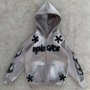 High Quality Custom Distressed Applique Embroidery Men's Zipper <b>Hoodie</b> Unisex Oversized Acid Washed <b>Cropped</b> <b>Zip</b> <b>up</b> <b>Hoodie</b> Men - Product Image 1