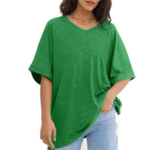 เสื้อยืดคอวีแขนสั้นสีเขียวล้วนสำหรับผู้หญิงใส่ในฤดูร้อนเสื้อยืดแฟชั่นฤดูร้อนพิมพ์ลายตามสั่ง - Product Image 2