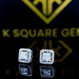 Pendientes de moissanita de corte princesa, pendientes de tuerca estilo Halo, pendientes de empuje hacia atrás, pendientes de boda para mujer, oro blanco de 10K - Product Image 3