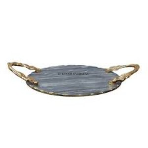 Bandeja de servicio de forma redonda de mármol de la mejor calidad con textura elegante única de Color gris con marco de Metal chapado en oro y suministros de asas - Product Image 3