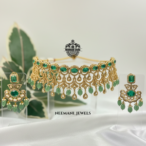 Green Dublet <b>Emerald</b> Cut Polki Choker for Weddings - Product Image 2