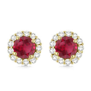 Boucles d'oreilles en or jaune 14 carats avec diamants halo et rubis, 2,95 carats, bijoux élégants et luxueux - Product Image 1