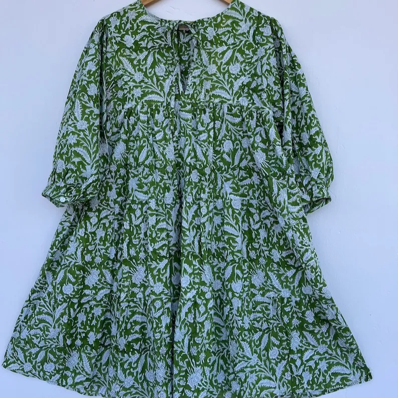 Yaz Boho kadın kıyafetleri zarif rahat Midi pamuk midi el bloğu baskı boho yaz yeşil baskılı elbise