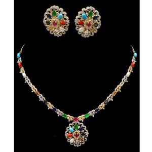 Glamorous Trendy Gold and White Finish Navratana Studded <b>Necklace</b> <b>Set</b> with Earrings AD Stones for Women's <b>Wedding</b> Parties Wear - Product Image 1