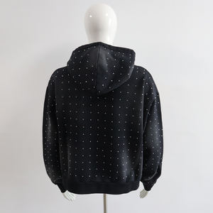 Heavy Weight Distress Applique Logo Washed Hoodies Full Body Rhinestone Black Oversized Cotton Blended Hooded - Product Image 2