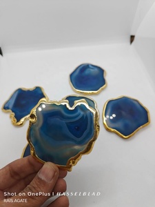 Rais <b>Agate</b> Natural Blue <b>Agate</b> <b>Coaster</b> Polished Gemstone Slice Gold Edge Durable Drink Table Decor Housewarming Gift - Product Image 2