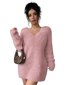 Robe pull en tricot rose personnalisée pour femmes, col en V, manches longues, douce et moelleuse, chaude pour l'hiver, mode, OEM, vente en gros, fabrication sur mesure - Product Image 1