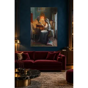 Fida Enjolras, femme lisant une lettre à la lumière d'une lampe, impression sur toile - Product Image 1