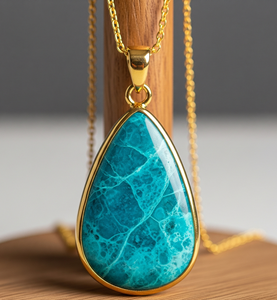 Cadena de Plata de Ley 925 hecha a mano con colgante de gota ovalada de oro de 18 quilates, regalo de piedras de cristal curativas de crisocola Natural bohemio - Product Image 3