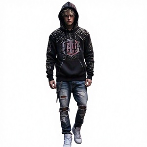 Sudadera con capucha de felpa extragrande unisex de algodón 100% ecológico con logo vintage de pedrería y lavado ácido, estilo streetwear. - Product Image 1